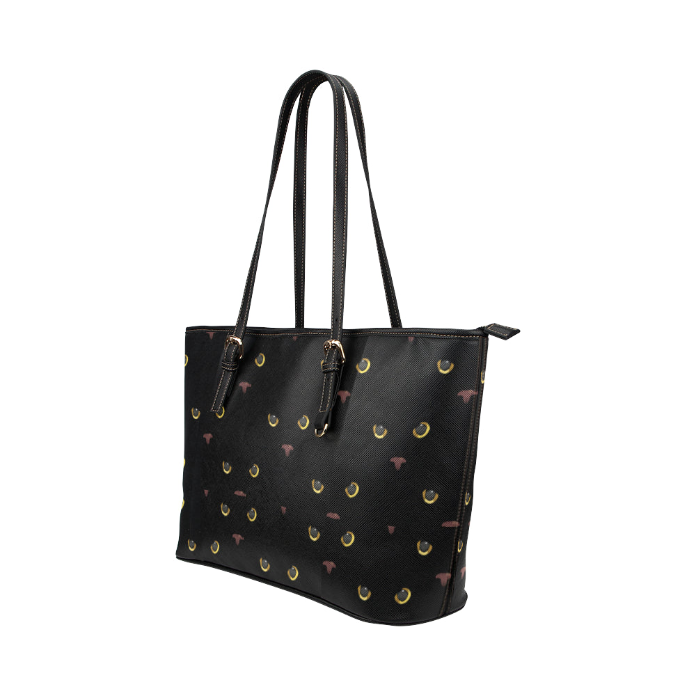 Black Cat Face Print Pattern Leather Tote Bag