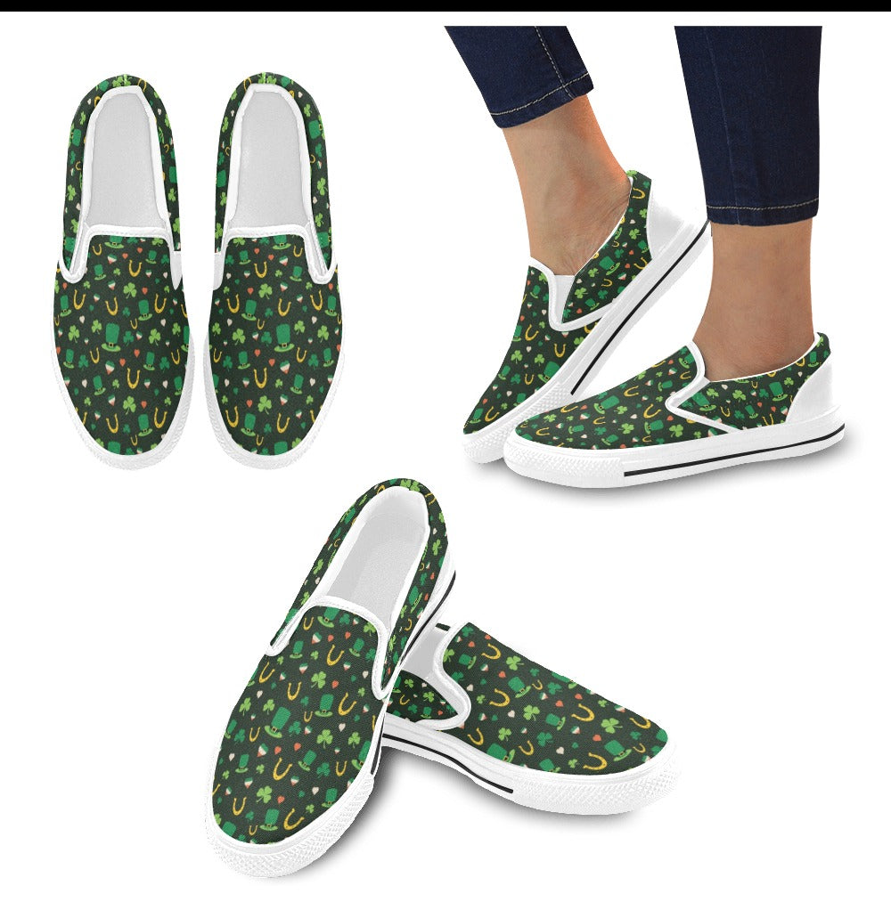 Shamrock Print Design LKS308 White Slip Ons Canvas Women's Shoes