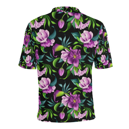 Bright Purple Floral Pattern Men Polo Shirt