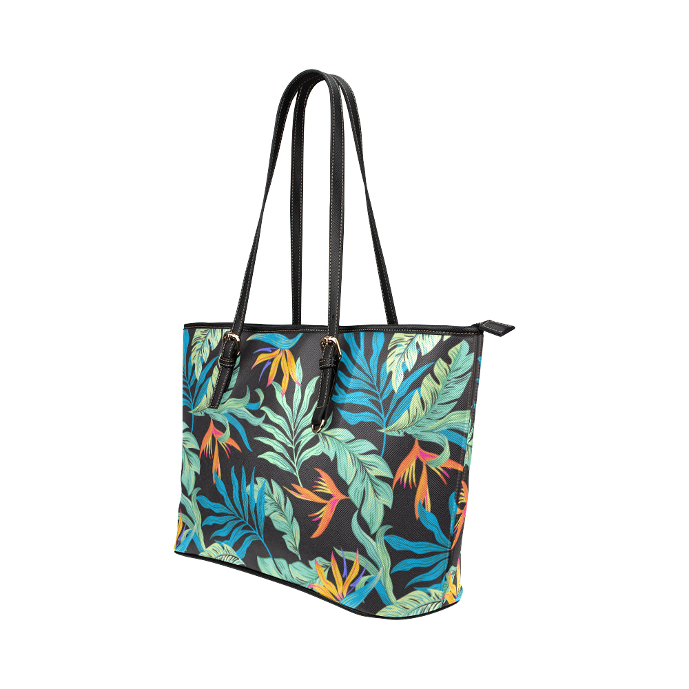 Tropical Palm Leaves Hawaiian Flower Leather Tote Bag