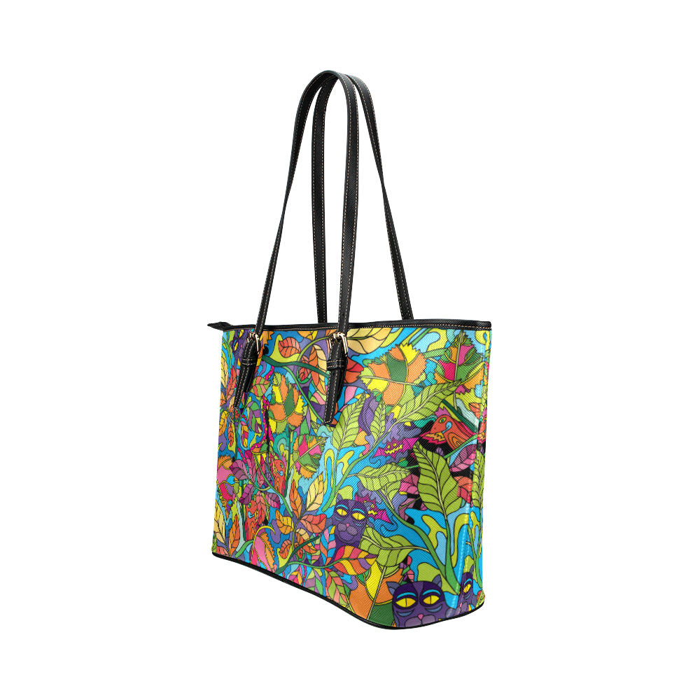 Psychedelic Trippy Flower Print Leather Tote Bag