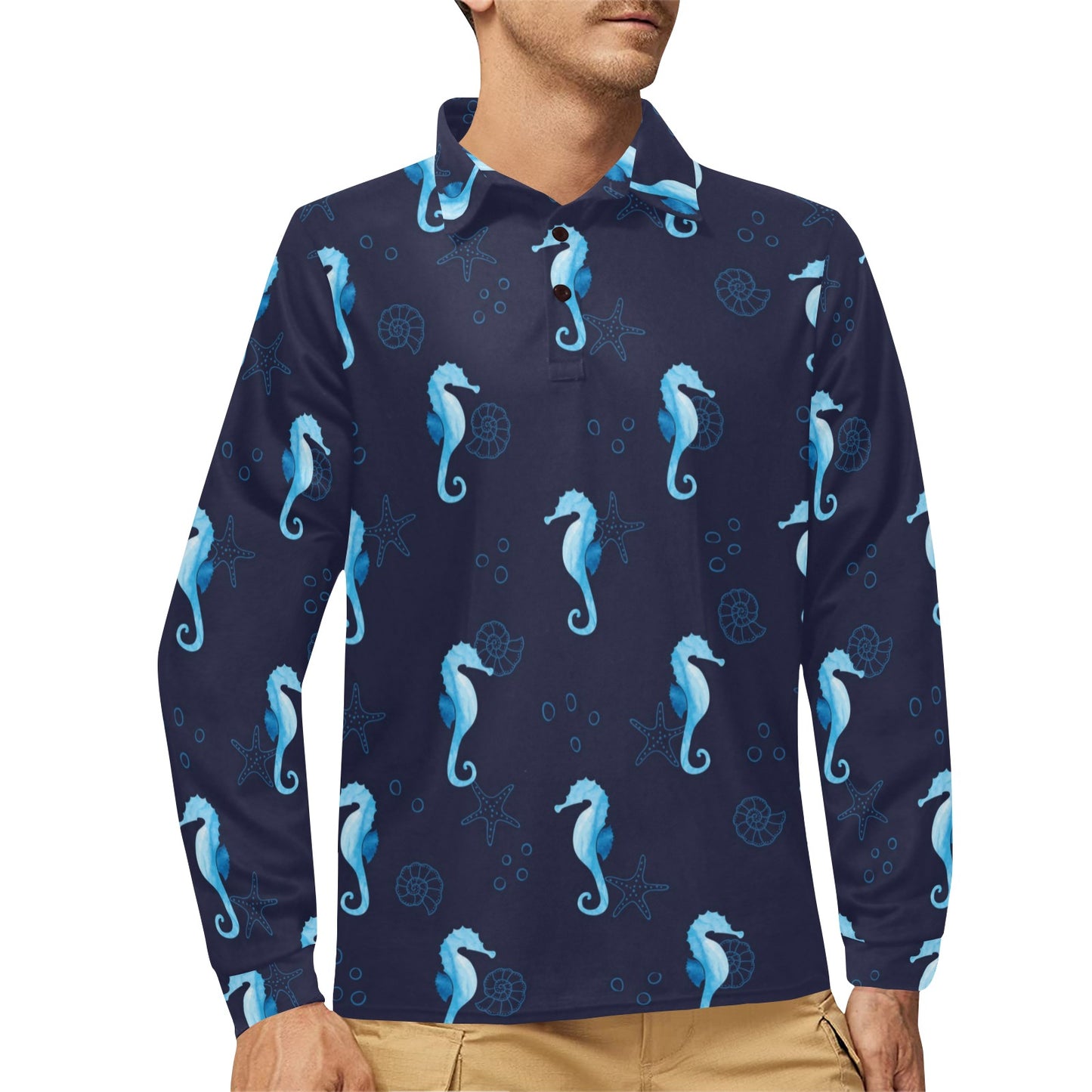 SeaHorse Blue neon Pattern Print Design 03 Long Sleeve Polo Shirt For Men's