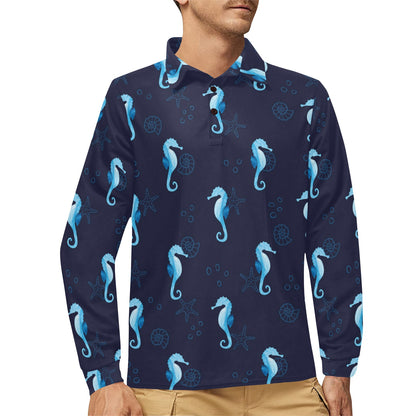 SeaHorse Blue neon Pattern Print Design 03 Long Sleeve Polo Shirt For Men's