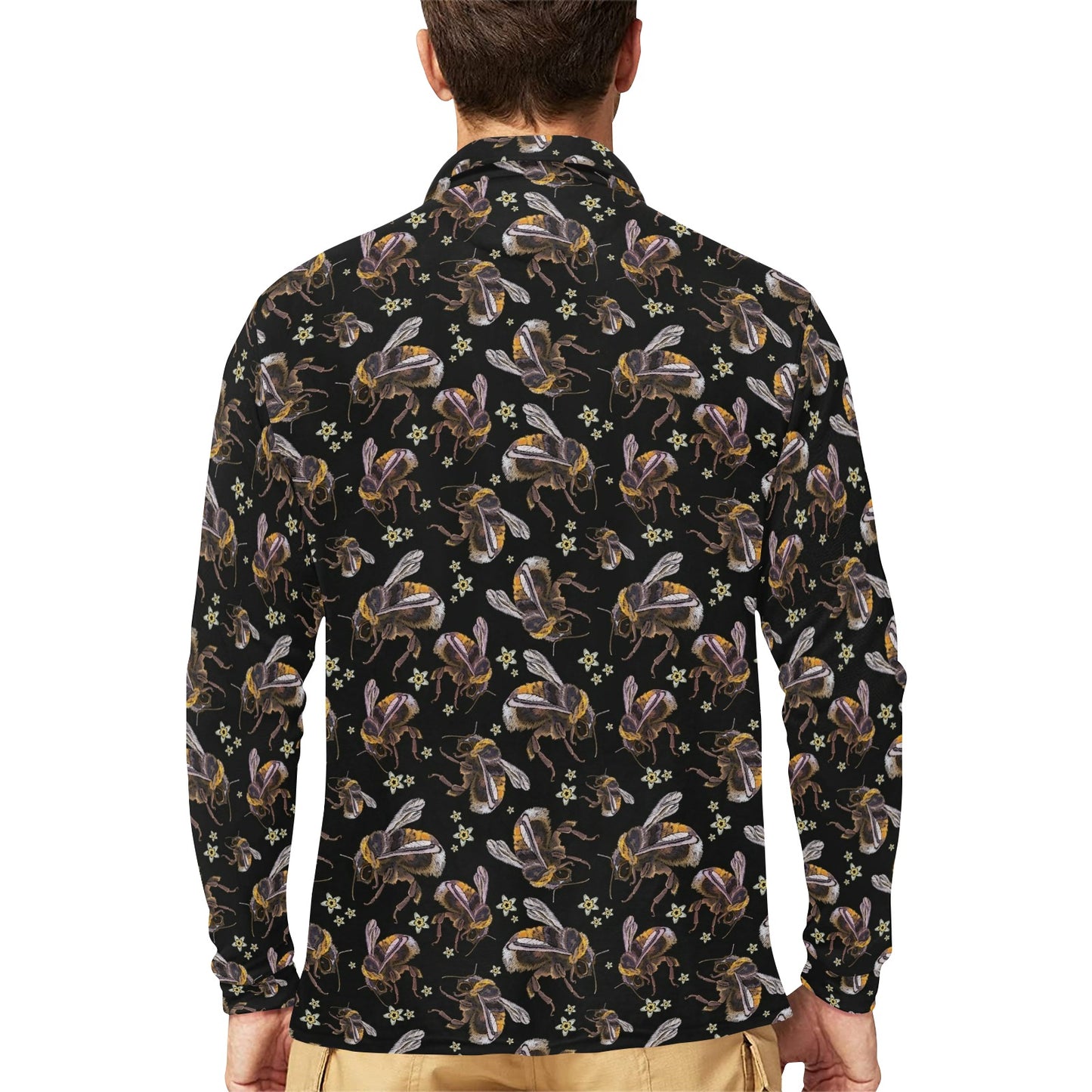 Bee Pattern Print Design 04 Long Sleeve Polo Shirt For Men's
