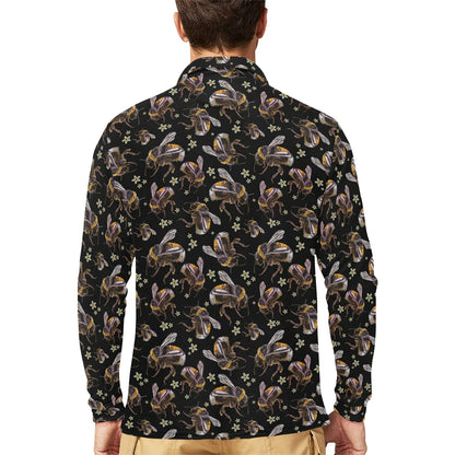 Bee Pattern Print Design 04 Long Sleeve Polo Shirt For Men's