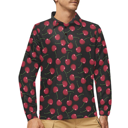 Cherry Black Background Long Sleeve Polo Shirt For Men's