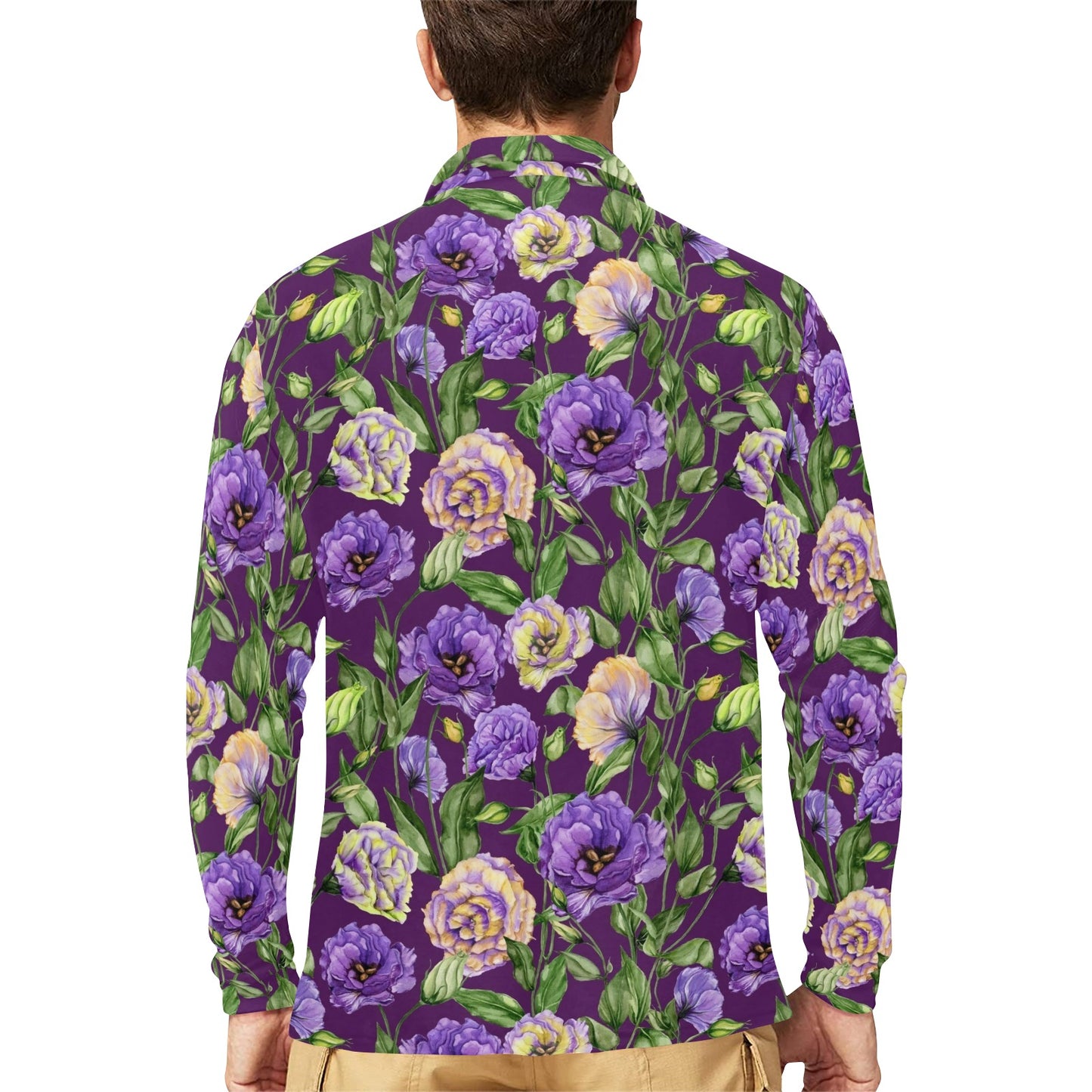 Lisianthus Pattern Print Design LT03 Long Sleeve Polo Shirt For Men's