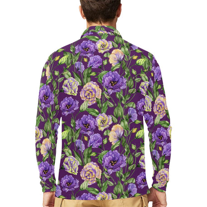 Lisianthus Pattern Print Design LT03 Long Sleeve Polo Shirt For Men's