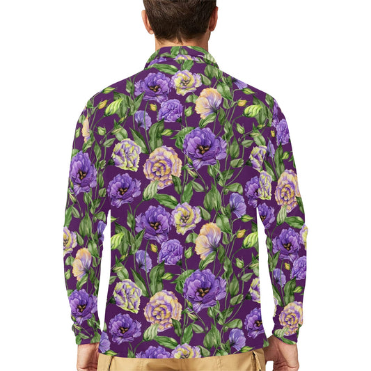 Lisianthus Pattern Print Design LT03 Long Sleeve Polo Shirt For Men's