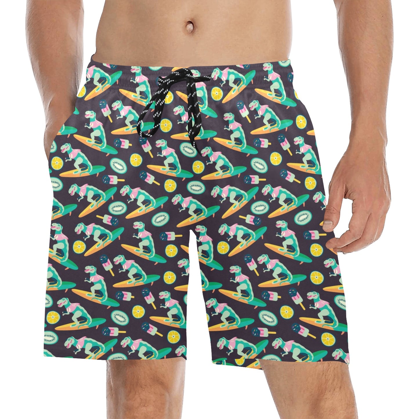 Surfboard T Rex Print Design LKS301 Men's Swim Trunks Beach Shorts