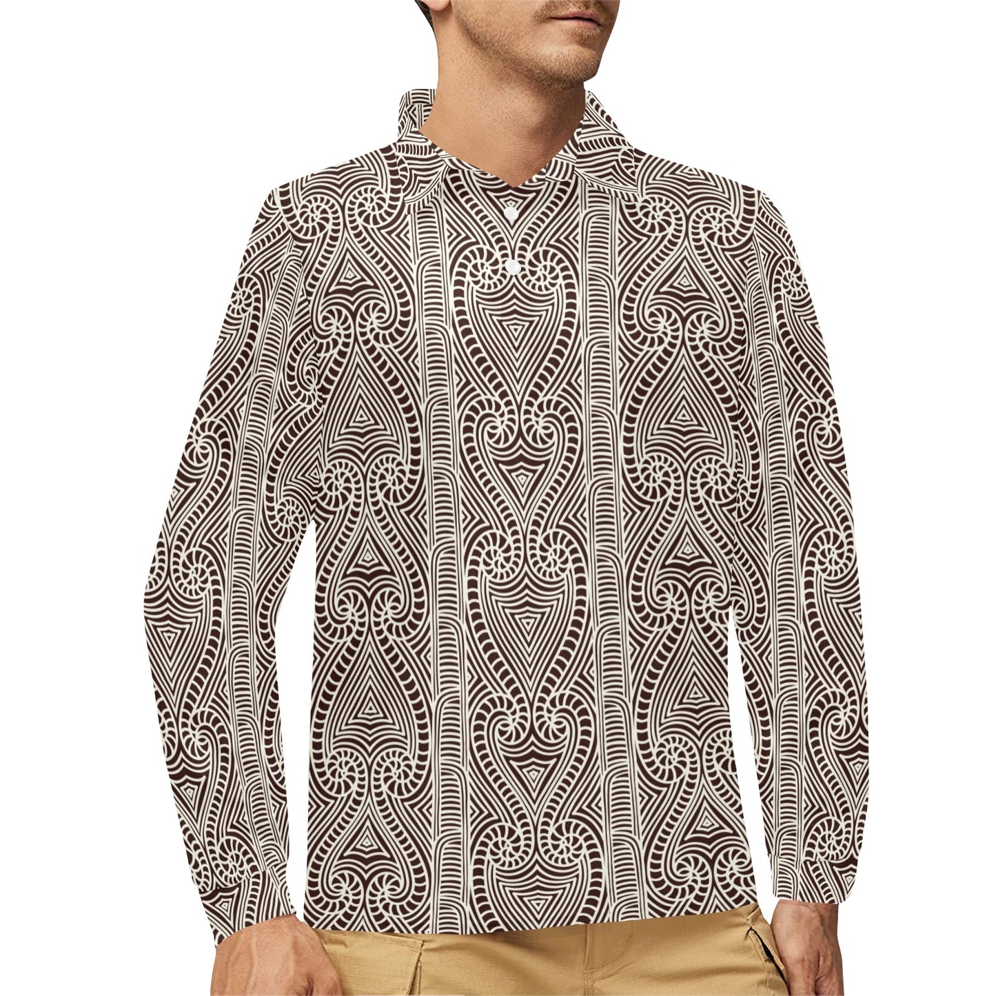 Maori Pattern Print Design 04 Long Sleeve Polo Shirt For Men's