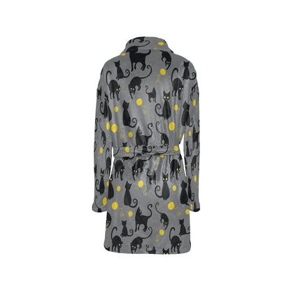 Black Cat Yellow Yarn Print Pattern Women's Fleece Robe