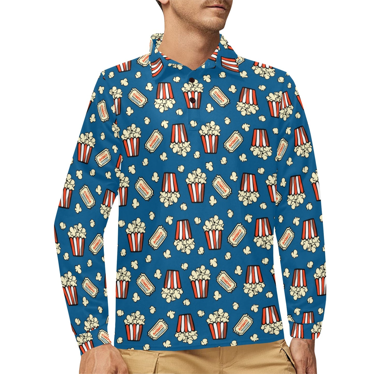 Popcorn Pattern Print Design A03 Long Sleeve Polo Shirt For Men's