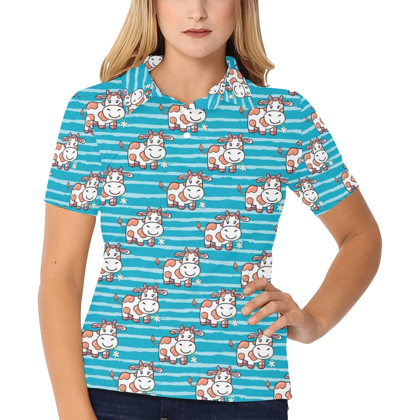 Cow Cute Print Pattern Women's Polo Shirt