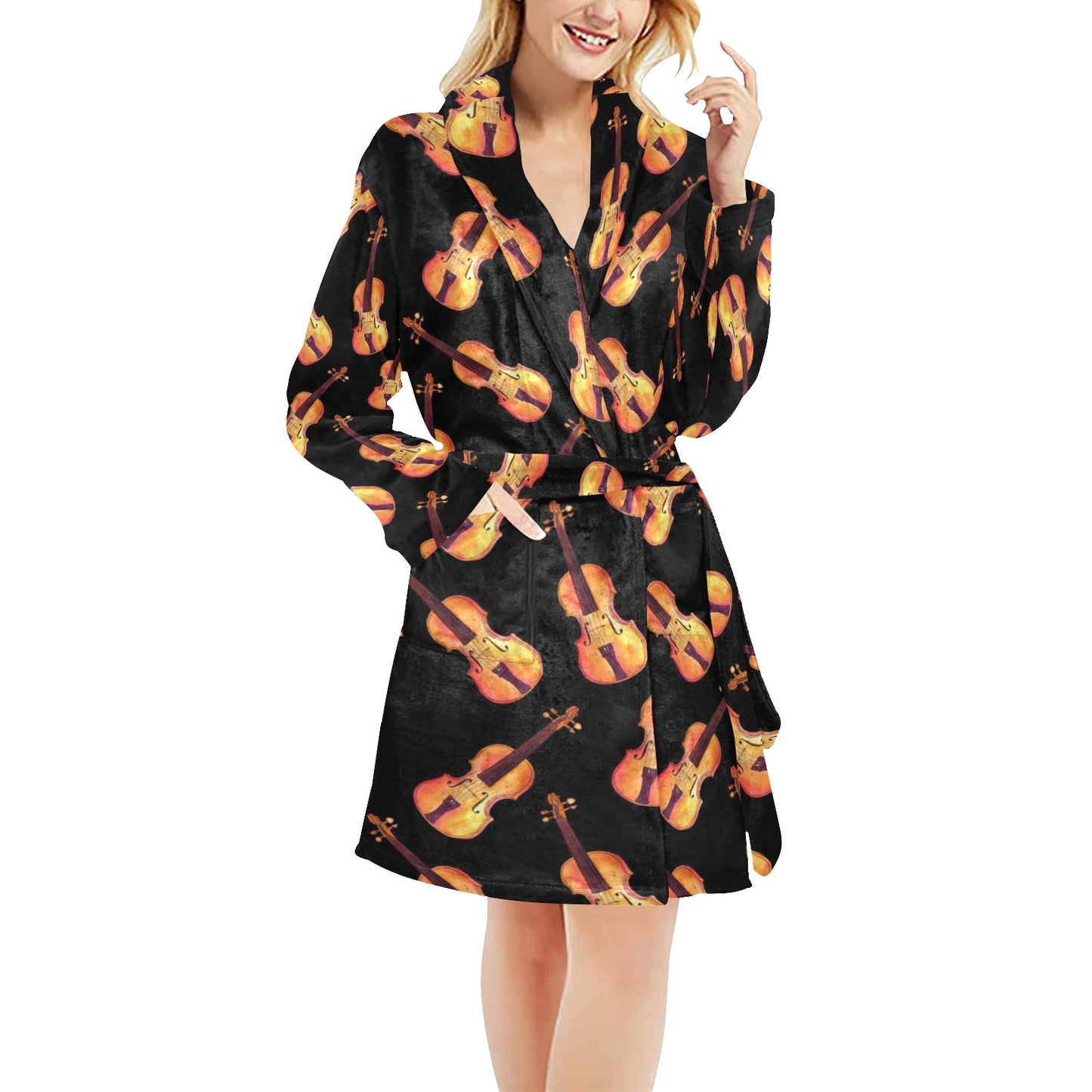 Violin Pattern Print Design 04 Women's Fleece Robe