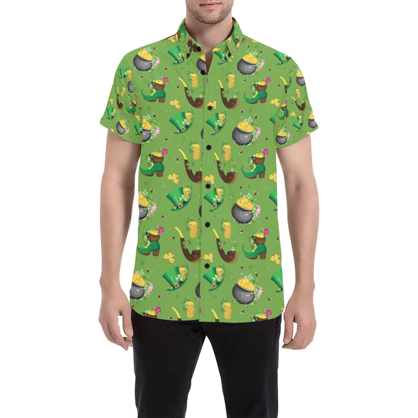 Shamrock Saint Patrick's Day Print Design LKS306 Men Short Sleeve Button Up Shirt