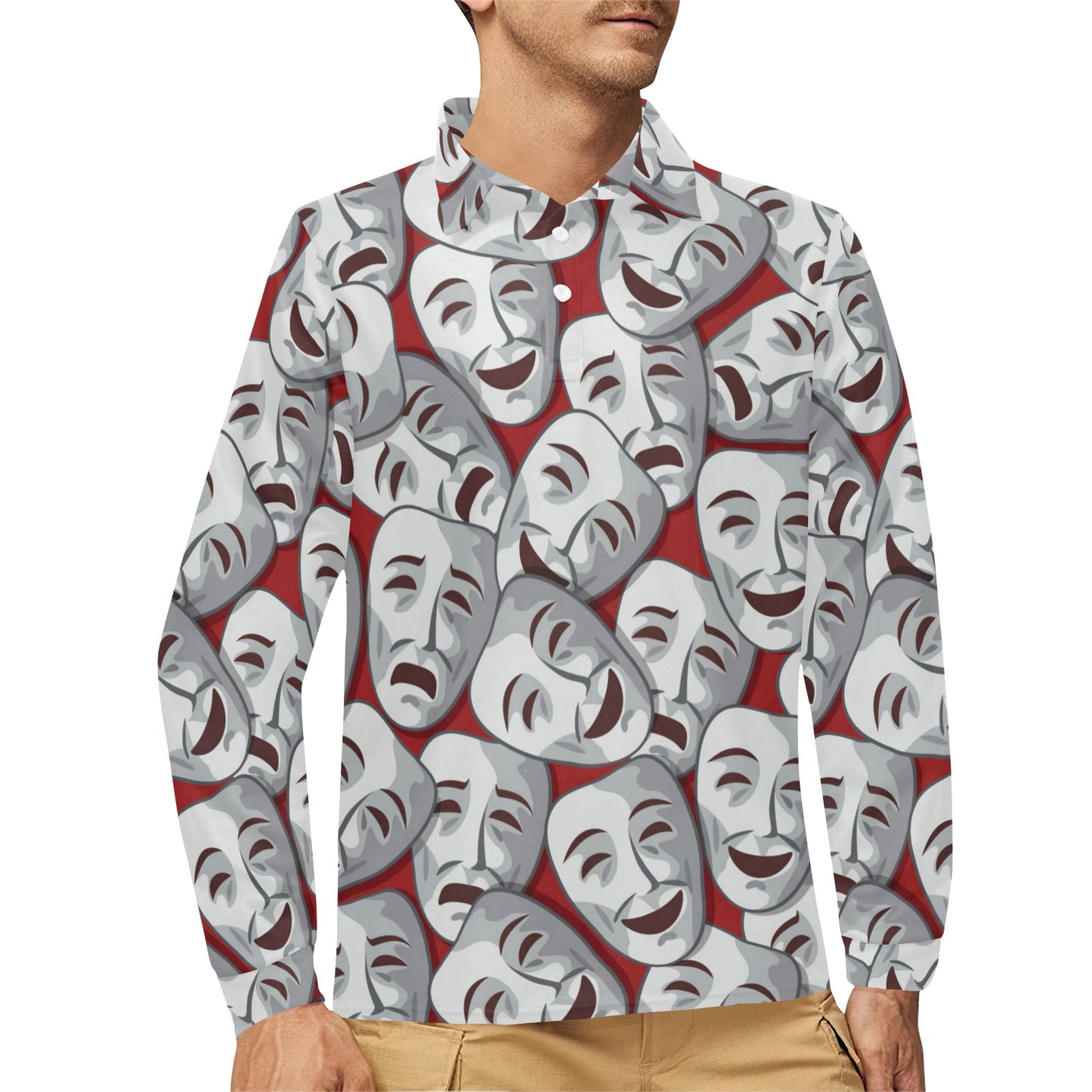 Acting Mask Pattern Print Design 01 Long Sleeve Polo Shirt For Men's