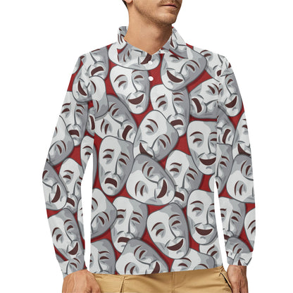 Acting Mask Pattern Print Design 01 Long Sleeve Polo Shirt For Men's