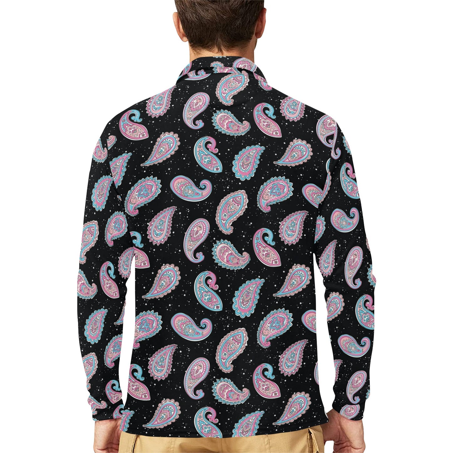 Paisley Pink Design Mandala Print Long Sleeve Polo Shirt For Men's
