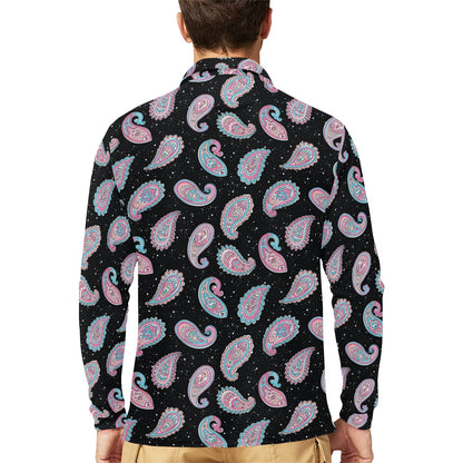 Paisley Pink Design Mandala Print Long Sleeve Polo Shirt For Men's