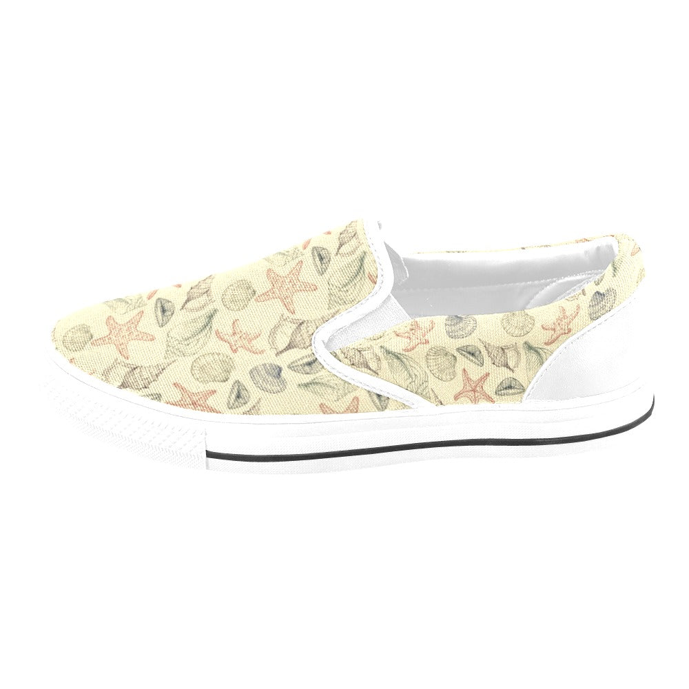 Seashell Print Design LKS305 White Slip Ons Canvas Women's Shoes
