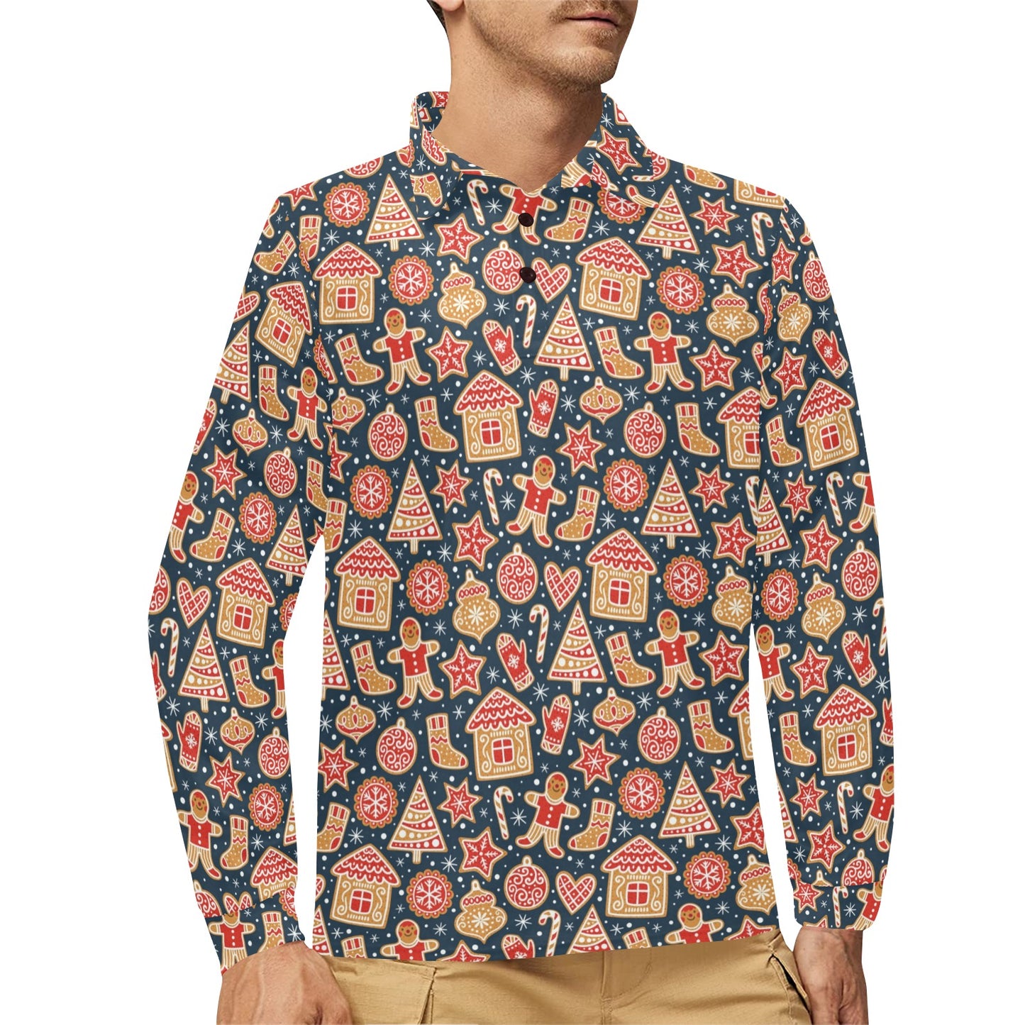 Gingerbread Pattern Print Design 03 Long Sleeve Polo Shirt For Men's