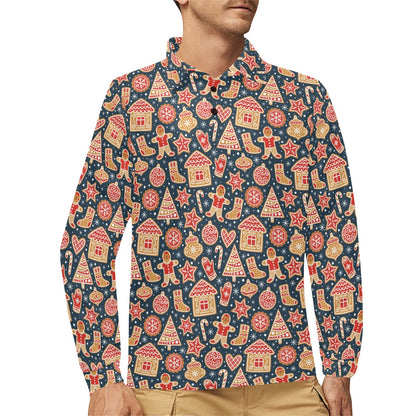 Gingerbread Pattern Print Design 03 Long Sleeve Polo Shirt For Men's
