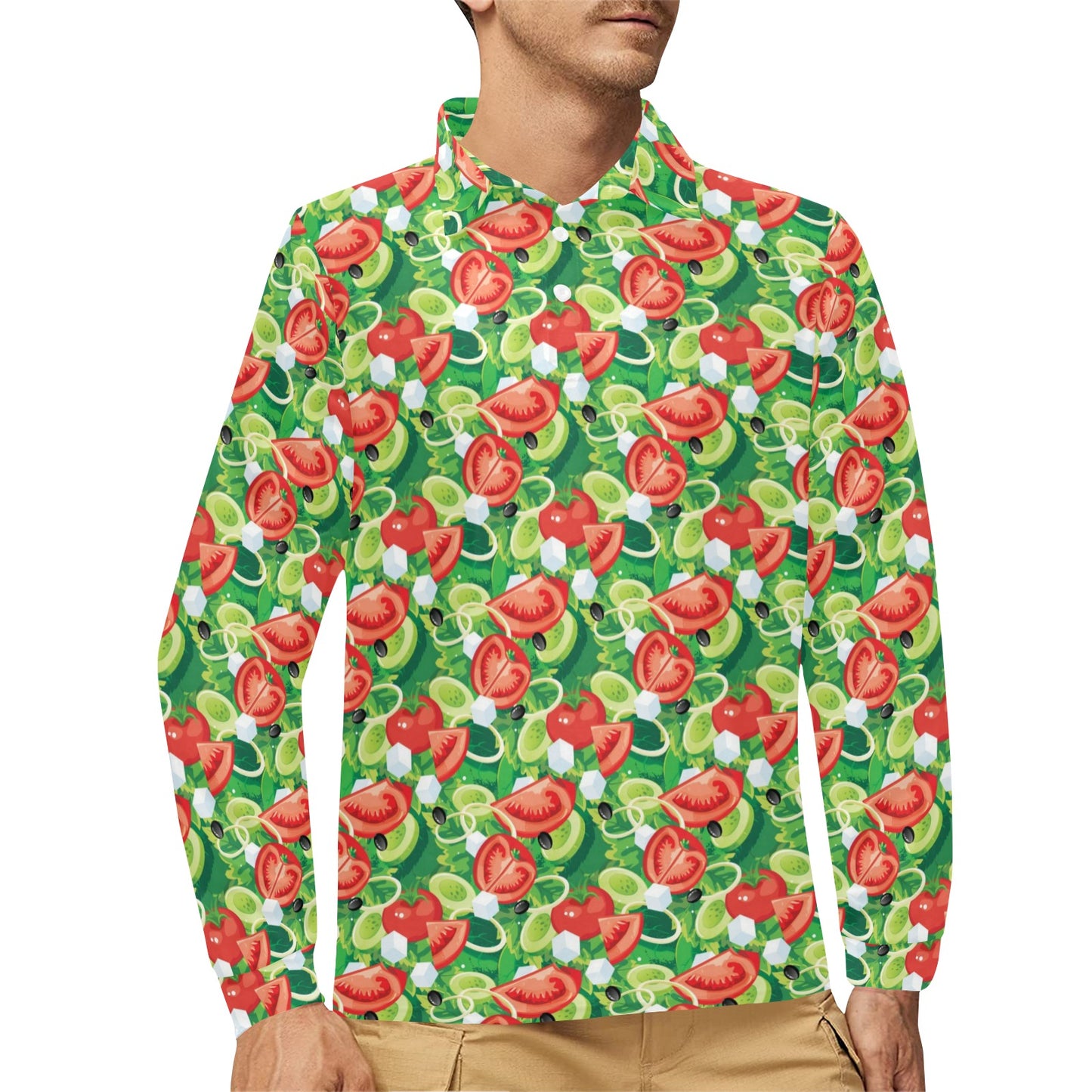 Vegan Salad Themed Design Print Long Sleeve Polo Shirt For Men's