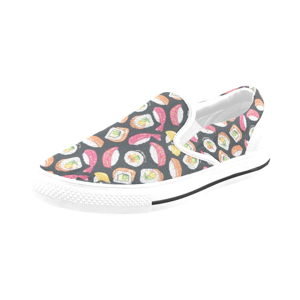 Sushi Print Design LKS306 White Slip Ons Canvas Women's Shoes