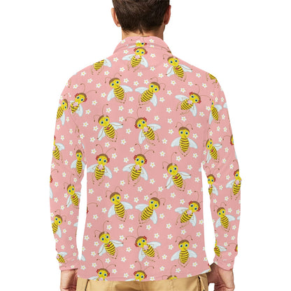 Bee Pattern Print Design BEE07 Long Sleeve Polo Shirt For Men's