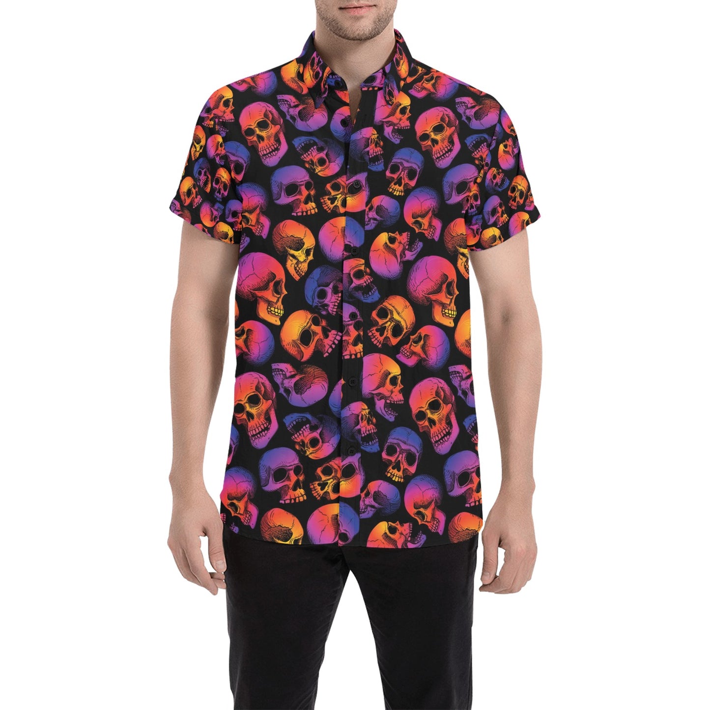 Skull Multicolor Print Design LKS3011 Men Short Sleeve Button Up Shirt