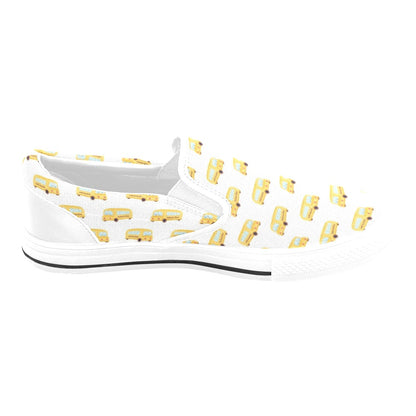 School Bus Print Design LKS306 White Slip Ons Canvas Women's Shoes