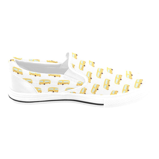 School Bus Print Design LKS306 White Slip Ons Canvas Women's Shoes