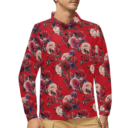 Rose Red Pattern Print Design RO07 Long Sleeve Polo Shirt For Men's