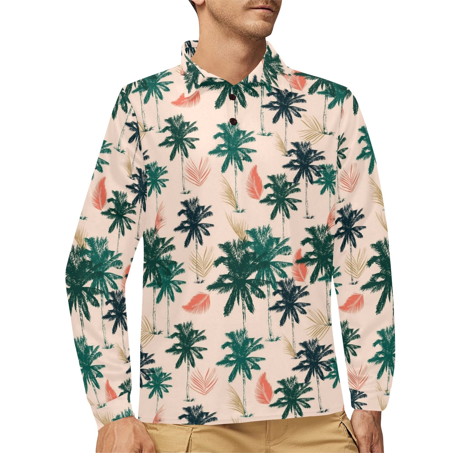 Palm Tree Pattern Print Design PT014 Long Sleeve Polo Shirt For Men's