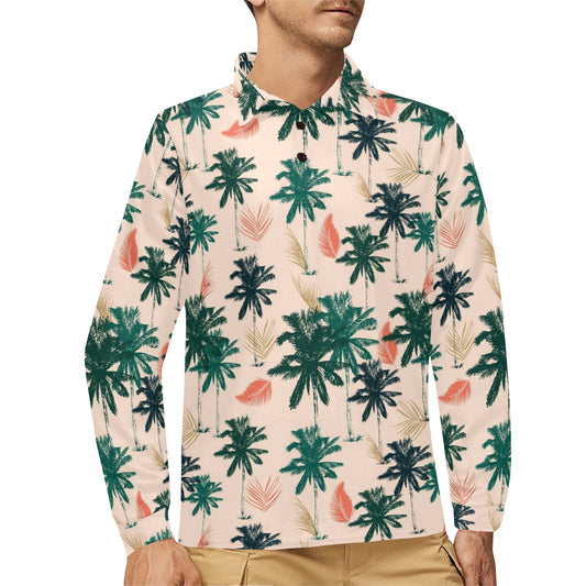 Palm Tree Pattern Print Design PT014 Long Sleeve Polo Shirt For Men's