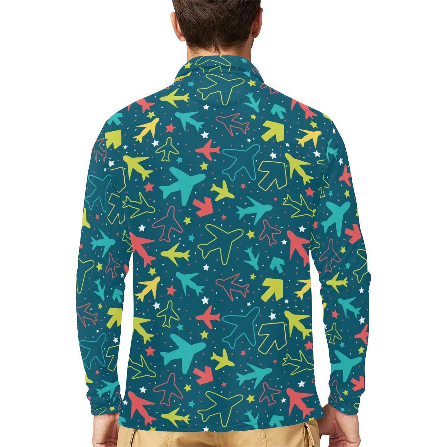 Airplane Pattern Print Design 05 Long Sleeve Polo Shirt For Men's
