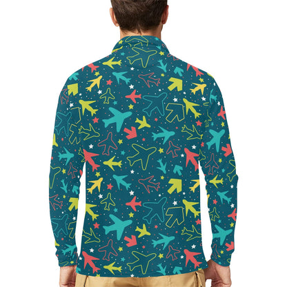 Airplane Pattern Print Design 05 Long Sleeve Polo Shirt For Men's