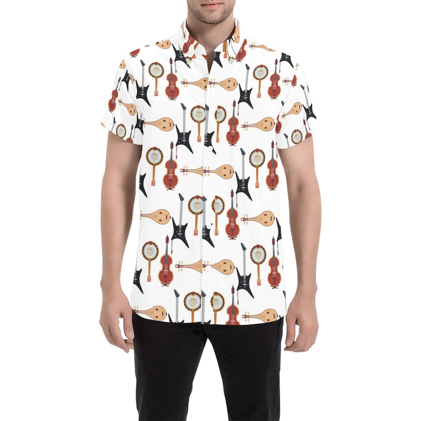 Banjo Print Design LKS403 Men Short Sleeve Button Up Shirt