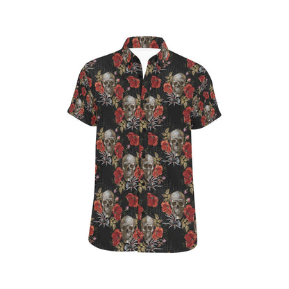 Spider Web Skull Rose Print Design LKS305 Men Short Sleeve Button Up Shirt