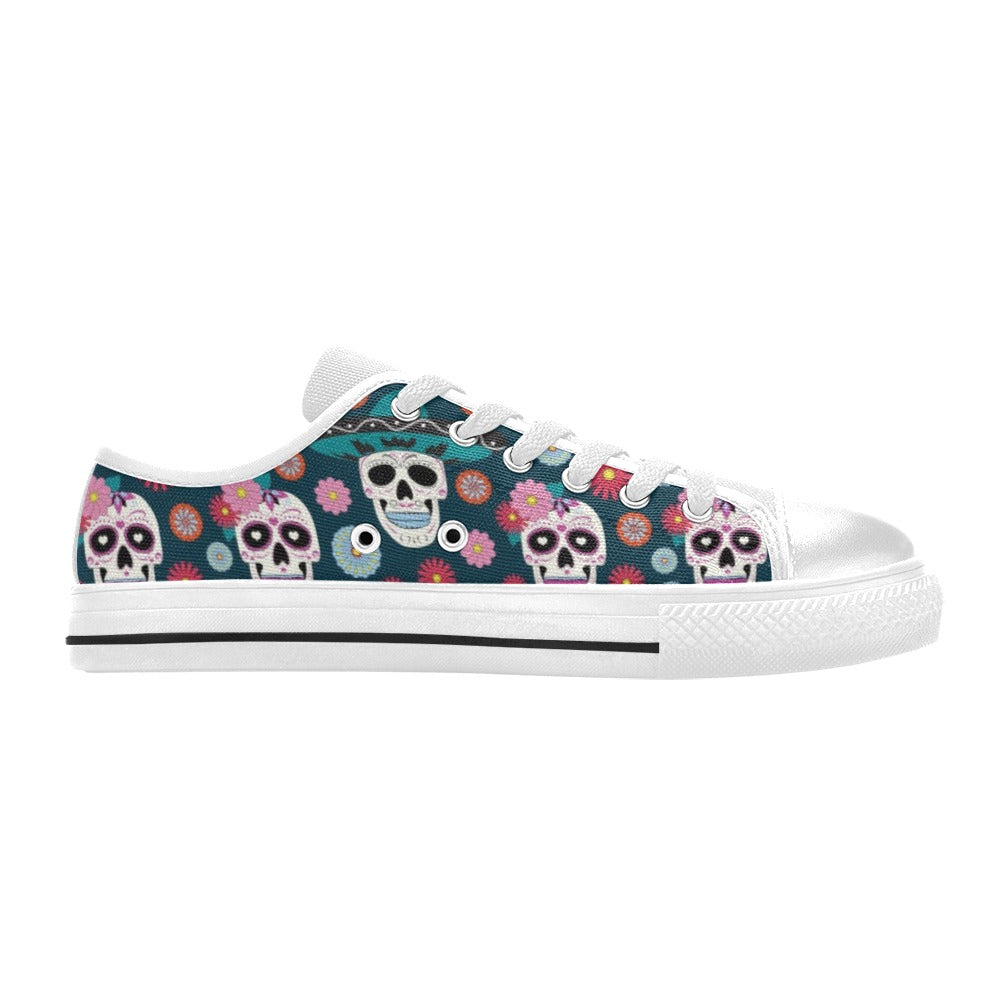 Sugar Skull Print Design LKS308 Women's White Low Top Shoes