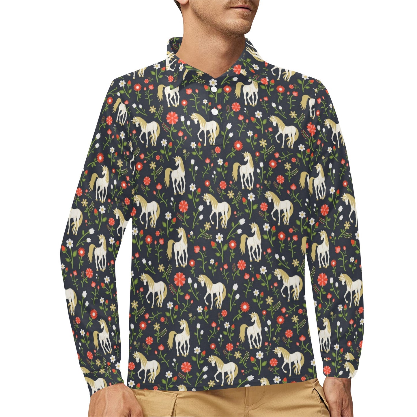 Unicorn Print Design LKS301 Long Sleeve Polo Shirt For Men's