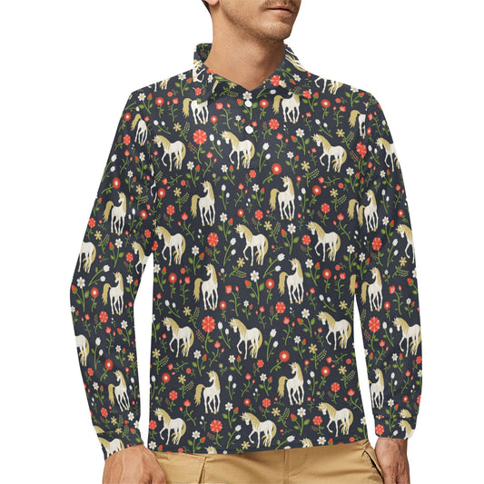 Unicorn Print Design LKS301 Long Sleeve Polo Shirt For Men's