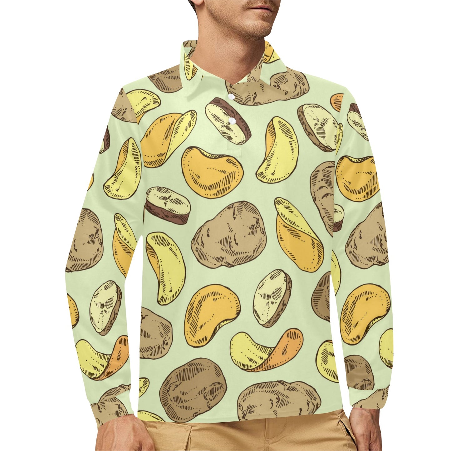 Potato Pattern Print Design A03 Long Sleeve Polo Shirt For Men's