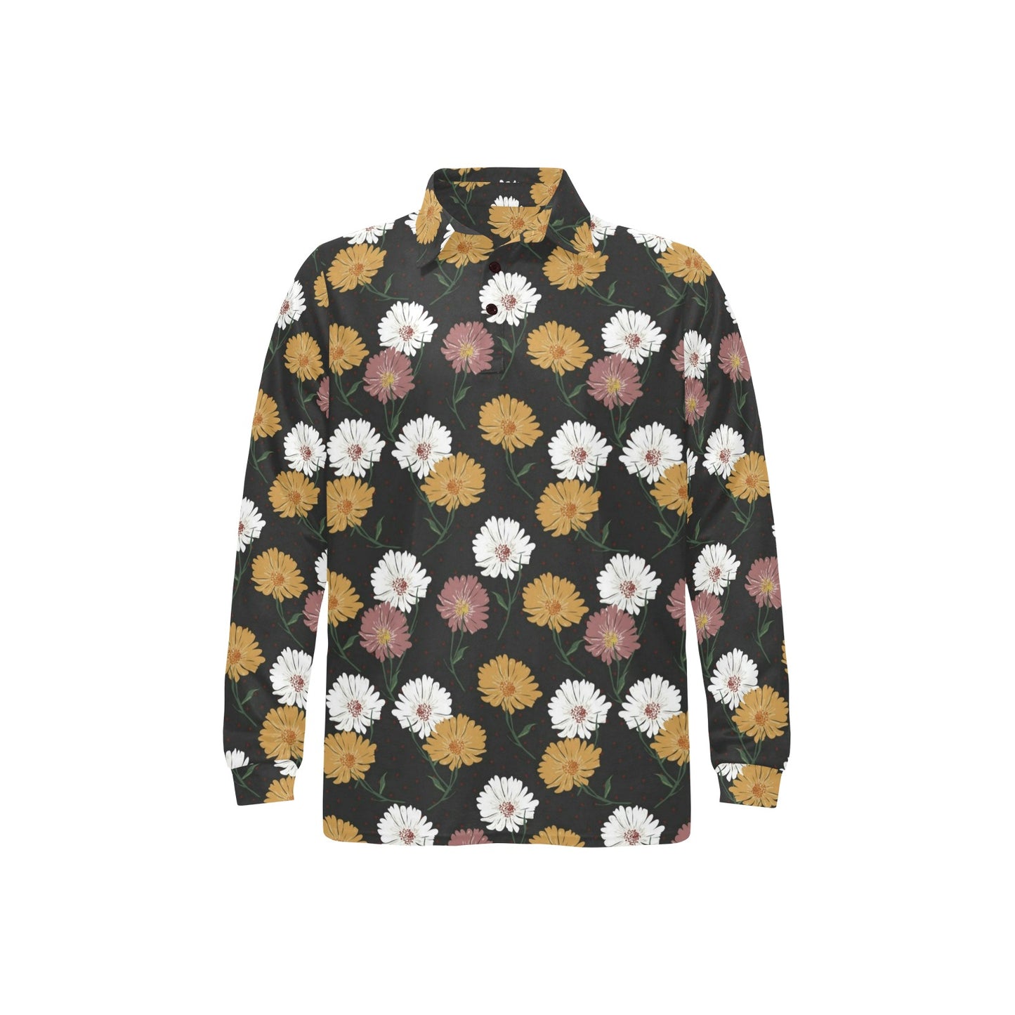 Daisy Pattern Print Design DS04 Long Sleeve Polo Shirt For Men's