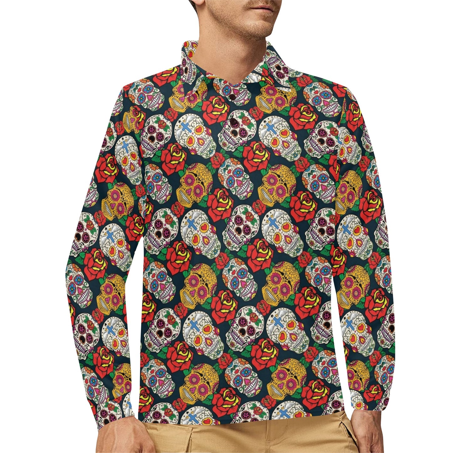 Sugar Skull Print Design LKS306 Long Sleeve Polo Shirt For Men's