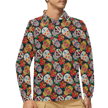 Sugar Skull Print Design LKS306 Long Sleeve Polo Shirt For Men's