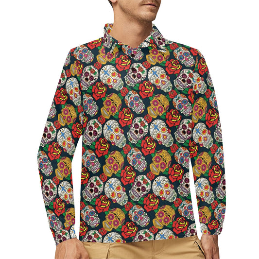 Sugar Skull Print Design LKS306 Long Sleeve Polo Shirt For Men's