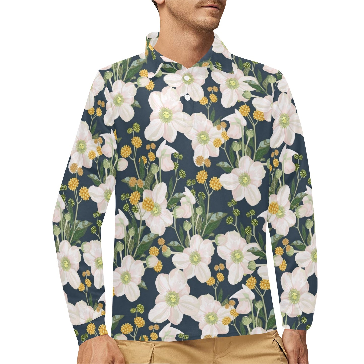 Anemone Pattern Print Design AM04 Long Sleeve Polo Shirt For Men's