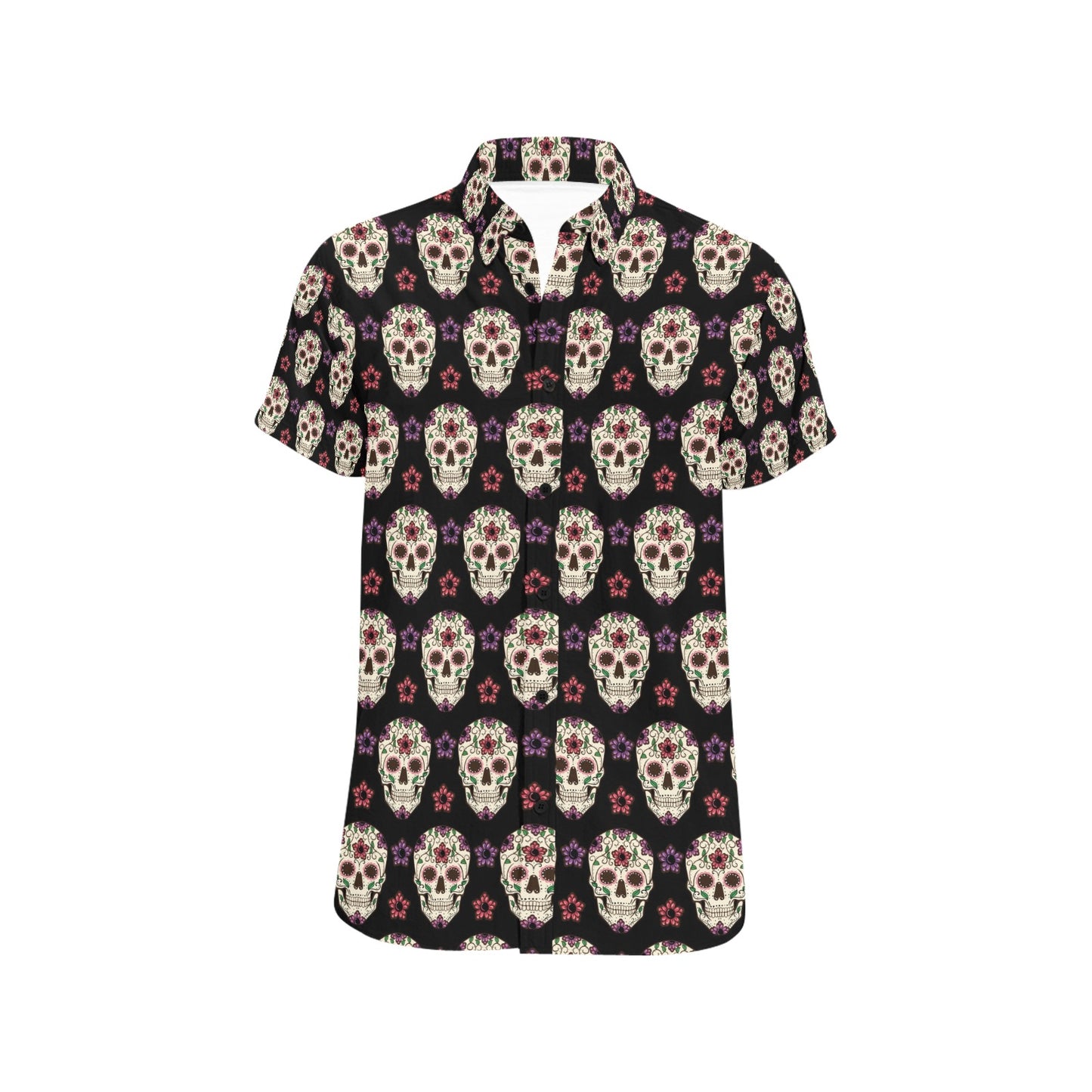 Sugar Skull Print Design LKS304 Men Short Sleeve Button Up Shirt